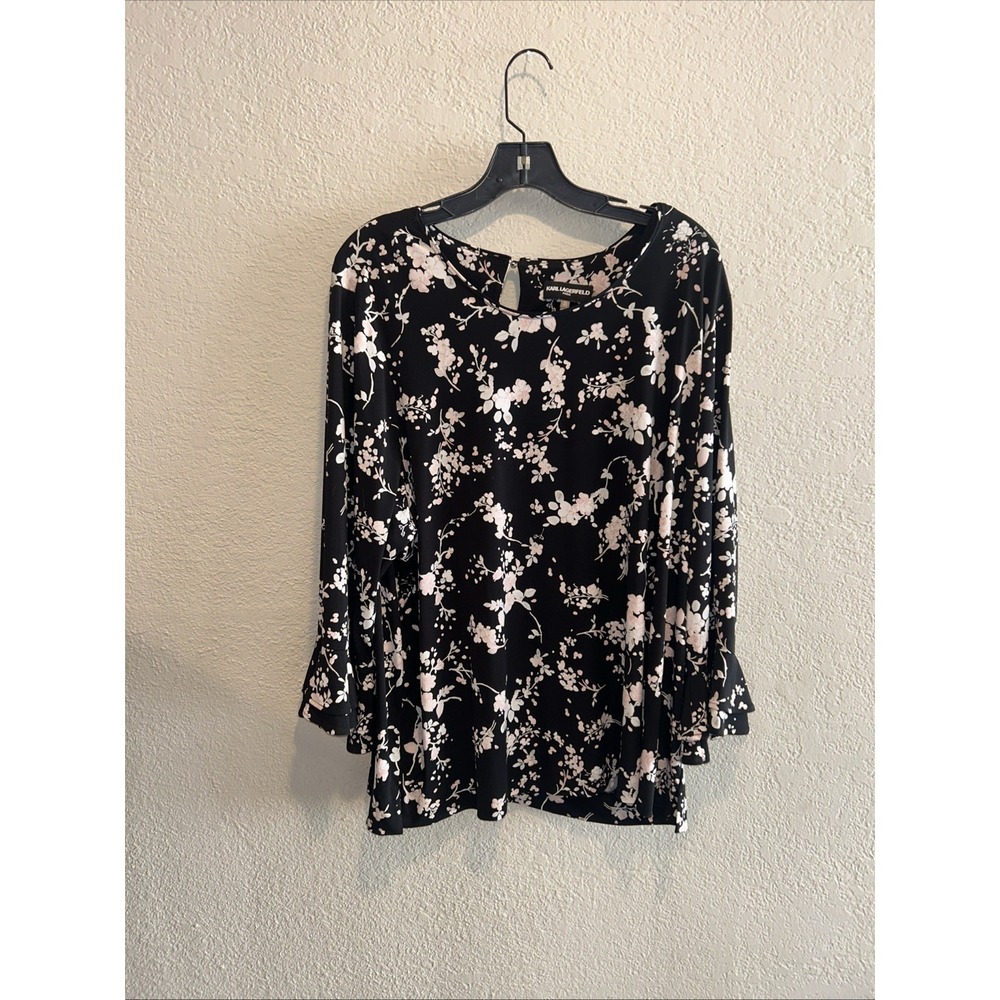Karl Lagerfeld Paris Black Pink Floral Blouse Long Bell Sleeves Keyhole Back 2X